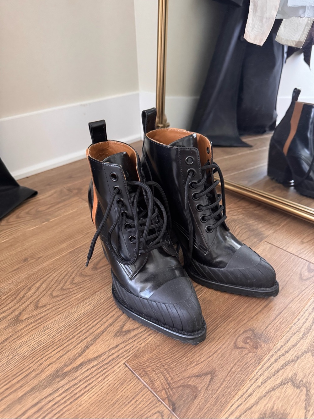 Women’s Chloe Black Lace-Up Leather Ankle Boots with Tan Accent